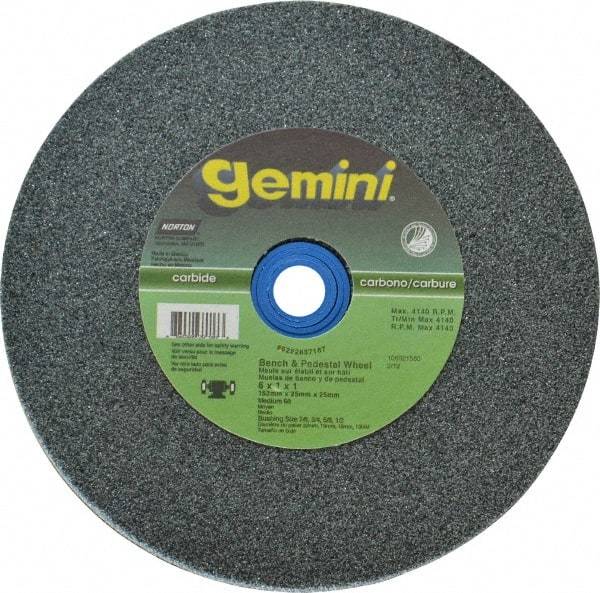Norton - 60 Grit Silicon Carbide Bench & Pedestal Grinding Wheel - 6" Diam x 1" Hole x 1" Thick, 4140 Max RPM, Medium Grade - Industrial Tool & Supply