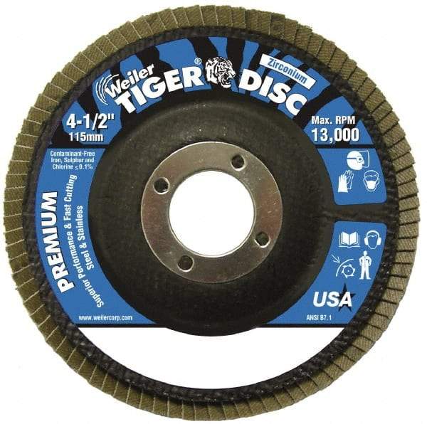 Weiler - 24 Grit, 4-1/2" Disc Diam, 7/8" Center Hole, Type 29 Zirconia Alumina Flap Disc - 13,000 Max RPM, Phenolic Backing, Quick Change Type S Attaching System, Coated - Industrial Tool & Supply