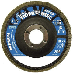 Weiler - 24 Grit, 4-1/2" Disc Diam, 7/8" Center Hole, Type 29 Zirconia Alumina Flap Disc - 13,000 Max RPM, Phenolic Backing, Quick Change Type S Attaching System, Coated - Industrial Tool & Supply