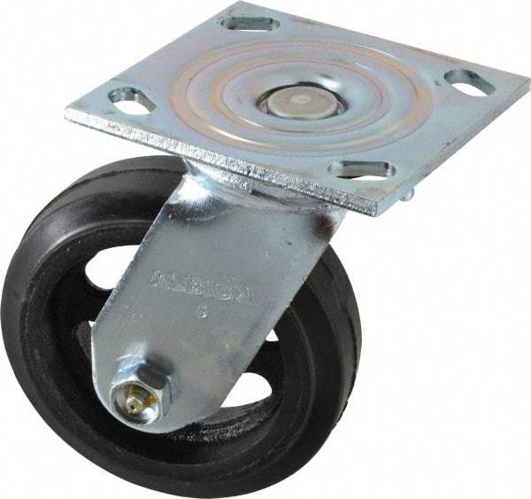 Albion - 5" Diam x 1-1/2" Wide x 6-1/2" OAH Top Plate Mount Swivel Caster - Rubber, 300 Lb Capacity, Roller Bearing, 4 x 4-1/2" Plate - Industrial Tool & Supply