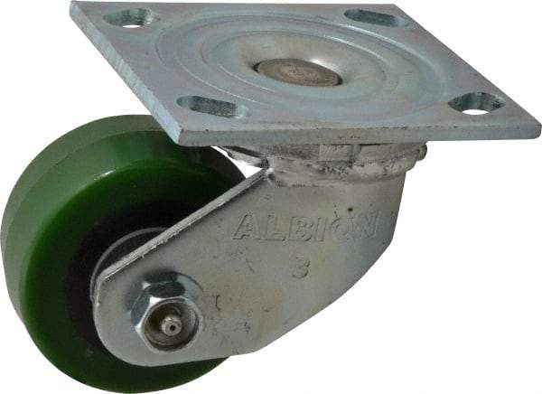 Albion - 3-1/4" Diam x 1-5/8" Wide x 4-1/4" OAH Top Plate Mount Swivel Caster - Polyurethane, 420 Lb Capacity, Roller Bearing, 4 x 4-1/2" Plate - Industrial Tool & Supply
