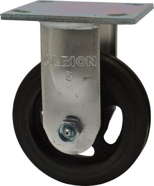 Albion - 5" Diam x 1-1/2" Wide x 6-1/2" OAH Top Plate Mount Rigid Caster - Rubber, 300 Lb Capacity, Roller Bearing, 4 x 4-1/2" Plate - Industrial Tool & Supply