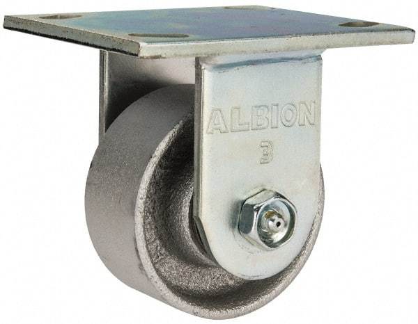 Albion - 3-1/4" Diam x 1-1/2" Wide x 4-1/4" OAH Top Plate Mount Rigid Caster - Cast Iron, 400 Lb Capacity, Roller Bearing, 4 x 4-1/2" Plate - Industrial Tool & Supply