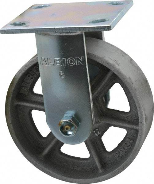 Albion - 6" Diam x 2" Wide x 7-1/4" OAH Top Plate Mount Rigid Caster - Cast Iron, 900 Lb Capacity, Roller Bearing, 4 x 4-1/2" Plate - Industrial Tool & Supply