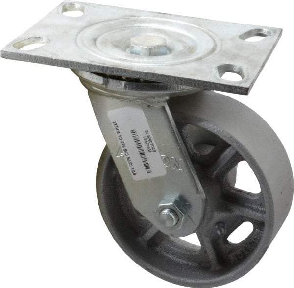 Albion - 5" Diam x 2" Wide x 6-1/2" OAH Top Plate Mount Swivel Caster - Cast Iron, 1,000 Lb Capacity, Roller Bearing, 4-1/2 x 6-1/4" Plate - Industrial Tool & Supply