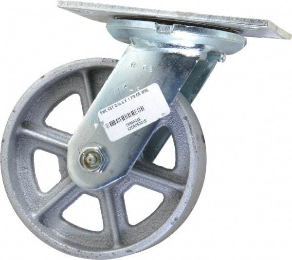 Albion - 6" Diam x 2" Wide x 7-1/2" OAH Top Plate Mount Swivel Caster - Cast Iron, 1,200 Lb Capacity, Roller Bearing, 4-1/2 x 6-1/4" Plate - Industrial Tool & Supply