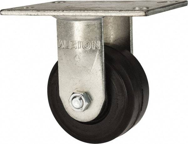 Albion - 4" Diam x 2" Wide x 5-5/8" OAH Top Plate Mount Rigid Caster - Rubber, 350 Lb Capacity, Roller Bearing, 4-1/2 x 6-1/4" Plate - Industrial Tool & Supply