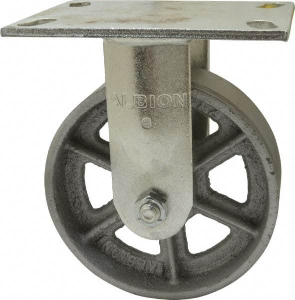 Albion - 6" Diam x 2" Wide x 7-1/2" OAH Top Plate Mount Rigid Caster - Cast Iron, 1,400 Lb Capacity, Roller Bearing, 4-1/2 x 6-1/4" Plate - Industrial Tool & Supply