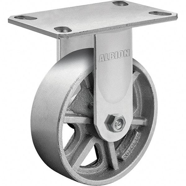 Albion - 8" Diam x 2" Wide x 10-1/8" OAH Top Plate Mount Rigid Caster - Cast Iron, 1,400 Lb Capacity, Roller Bearing, 4-1/2 x 6-1/4" Plate - Industrial Tool & Supply