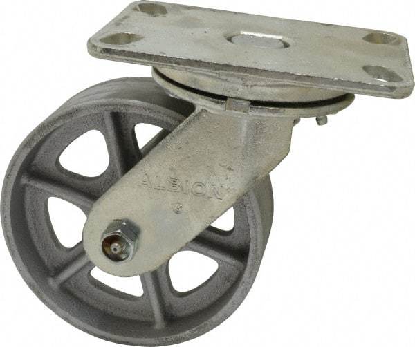 Albion - 6" Diam x 2" Wide x 7-1/2" OAH Top Plate Mount Swivel Caster - Cast Iron, 1,200 Lb Capacity, Roller Bearing, 4-1/2 x 6-1/4" Plate - Industrial Tool & Supply
