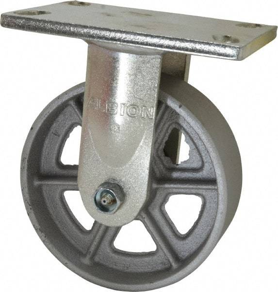 Albion - 6" Diam x 2" Wide x 7-1/2" OAH Top Plate Mount Rigid Caster - Cast Iron, 1,200 Lb Capacity, Roller Bearing, 5 x 6-1/4" Plate - Industrial Tool & Supply