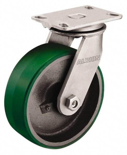 Albion - 12" Diam x 2-1/2" Wide x 13-1/2" OAH Top Plate Mount Swivel Caster - Polyurethane, 2,000 Lb Capacity, Roller Bearing, 4-1/2 x 6-1/4" Plate - Industrial Tool & Supply