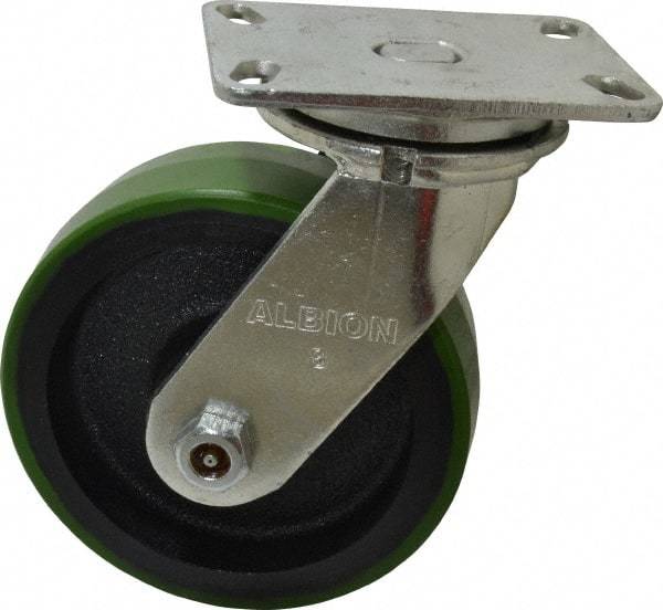 Albion - 8" Diam x 2-1/2" Wide x 10-1/8" OAH Top Plate Mount Swivel Caster - Polyurethane, 2,000 Lb Capacity, Roller Bearing, 4-1/2 x 6-1/4" Plate - Industrial Tool & Supply