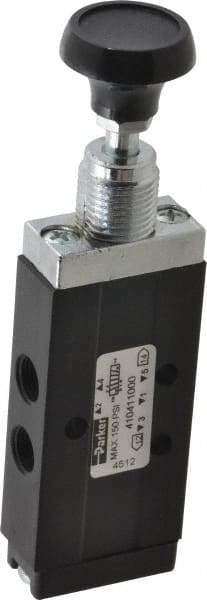 Parker - 0.20 CV Rate, 1/8" NPT Inlet Direct Air 2 Mechanical Spool Valve - 4 Way, 2 Position, 150 Max psi, Button Spring Return - Industrial Tool & Supply