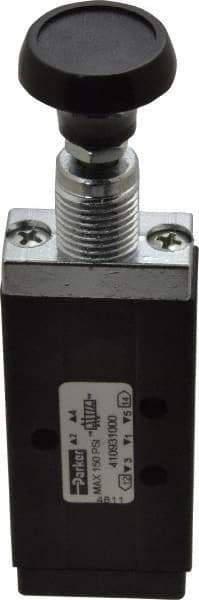 Parker - 0.20 CV Rate, 1/8" NPT Inlet Direct Air 2 Mechanical Spool Valve - 4 Way, 2 Position, 150 Max psi, Button Push Pull - Industrial Tool & Supply