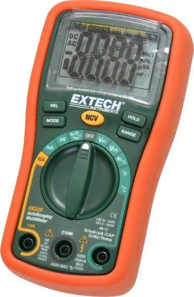 Extech - EX330, CAT III, 600 VAC/VDC, Digital Auto Ranging Multimeter - 40 mOhm, Measures Voltage, Capacitance, Current, Frequency, Resistance, Temperature - Industrial Tool & Supply