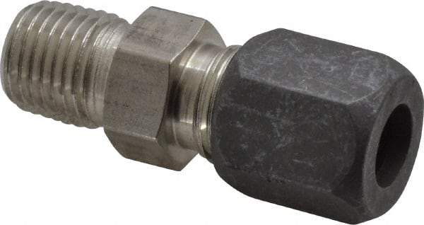 Made in USA - 3/8" OD, Grade 316Stainless Steel Male Connector - -75 to 750°F, 5/8" Hex, Comp x MPT Ends - Industrial Tool & Supply
