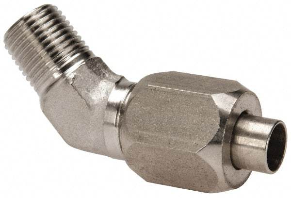 Made in USA - 1/2" Tube OD, 37° Stainless Steel Flared Tube Male 45° Elbow - 3/8-18 NPTF, Flare x MNPTF Ends - Industrial Tool & Supply