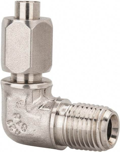 Made in USA - 1/4" Tube OD, 37° Stainless Steel Flared Tube Male Elbow - 1/4-18 NPTF, Flare x MNPTF Ends - Industrial Tool & Supply