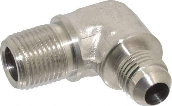 Made in USA - 3/8" Tube OD, 37° Stainless Steel Flared Tube Male Elbow - 3/8-18 NPTF, Flare x MNPTF Ends - Industrial Tool & Supply