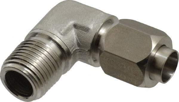 Made in USA - 1/2" Tube OD, 37° Stainless Steel Flared Tube Male Elbow - 1/2-14 NPTF, Flare x MNPTF Ends - Industrial Tool & Supply