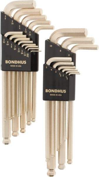 Bondhus - 22 Piece L-Key Ball End Hex Key Set - Hex Range 0.05 to 3/8", Steel - Industrial Tool & Supply