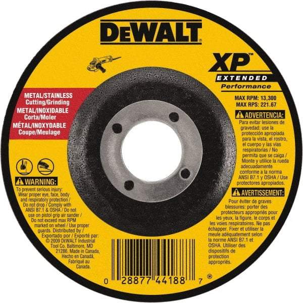 DeWALT - 24 Grit, 4" Wheel Diam, 1/4" Wheel Thickness, 5/8" Arbor Hole, Type 27 Depressed Center Wheel - Zirconia Alumina, Resinoid Bond, 15,200 Max RPM, Compatible with Angle Grinder - Industrial Tool & Supply