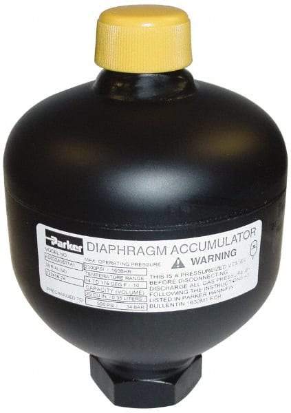 Parker - 5 Lb. Capacity, 3,620 psi Max Working Pressure, 4.35" High, Hydrin Diaphragm Accumulator - 2.52" Diam, 6 SAE Port Thread - Industrial Tool & Supply
