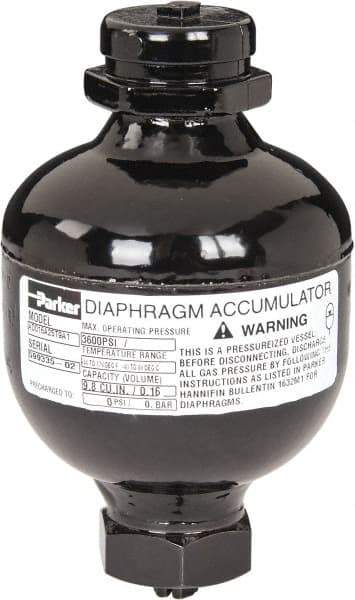 Parker - 10 Lb. Capacity, 3,620 psi Max Working Pressure, 4.69" High, Hydrin Diaphragm Accumulator - 2.95" Diam, 6 SAE Port Thread - Industrial Tool & Supply