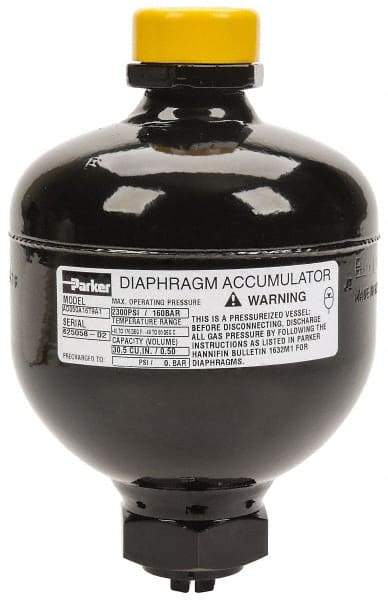 Parker - 30 Lb. Capacity, 3,045 psi Max Working Pressure, 5.94" High, Hydrin Diaphragm Accumulator - 4.2" Diam, 8 SAE Port Thread - Industrial Tool & Supply
