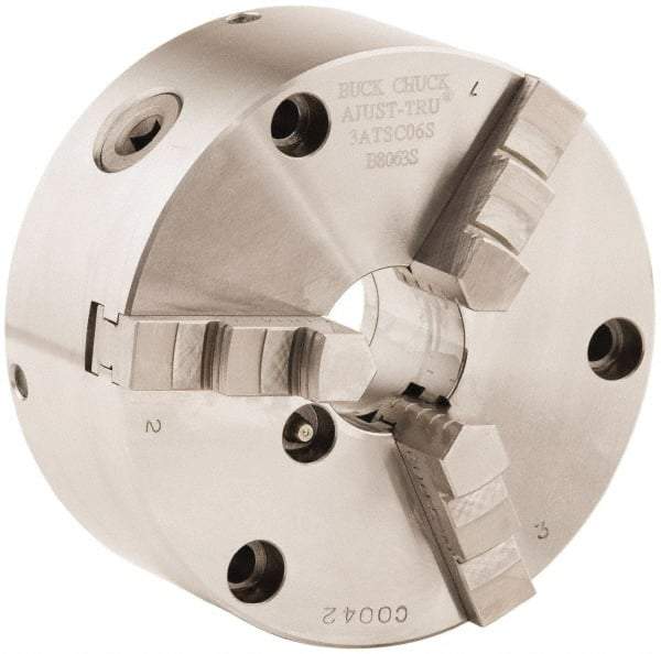 Buck Chuck Company - 3 Jaws, 6" Diam, Self Centering Manual Lathe Chuck - Front Mount, Adjustable, 4,600 Max RPM, 1.78" Through Hole Diam, Forged Steel - Industrial Tool & Supply