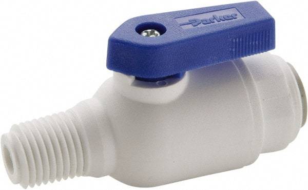 Parker - 1/4" Pipe, Full Port, Polypropylene Valve Male Connector Ball Valve - Bi-Directional, MNPT x Push-to-Connect Ends, Wedge Handle, 150 WOG - Industrial Tool & Supply