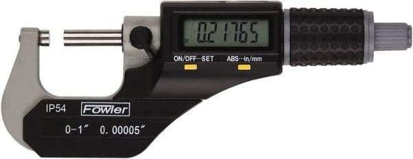 Fowler - 0 to 1 Inch Range, 0.0001 Inch Resolution, Standard Throat, IP54 Electronic Outside Micrometer - 0.0002 Inch Accuracy, Friction Thimble, 357 Battery, Data Output, Includes Case and Wrench - Industrial Tool & Supply