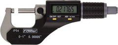 Fowler - 0 to 1 Inch Range, 0.0001 Inch Resolution, Standard Throat, IP54 Electronic Outside Micrometer - 0.0002 Inch Accuracy, Friction Thimble, 357 Battery, Data Output, Includes Case and Wrench - Industrial Tool & Supply