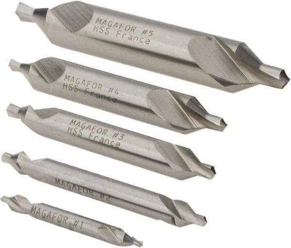 Magafor - 5 Piece, #1 to 5, 1/8 to 7/16" Body Diam, 3/64 to 3/16" Point Diam, Plain Edge, High Speed Steel Combo Drill & Countersink Set - 60° Incl Angle, 0.067 to 0.256" Point Length, 1/8 to 2-3/4" OAL, Double End, 115 Series Compatibility - Industrial Tool & Supply