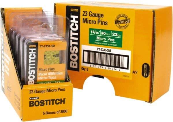 Stanley Bostitch - 23 Gauge 0.0281" Shank Diam 1-3/16" Long Pin Nails for Power Nailers - Steel, Bright Finish, Smooth Shank, Straight Stick Adhesive Collation, Round Head, Diamond Point - Industrial Tool & Supply
