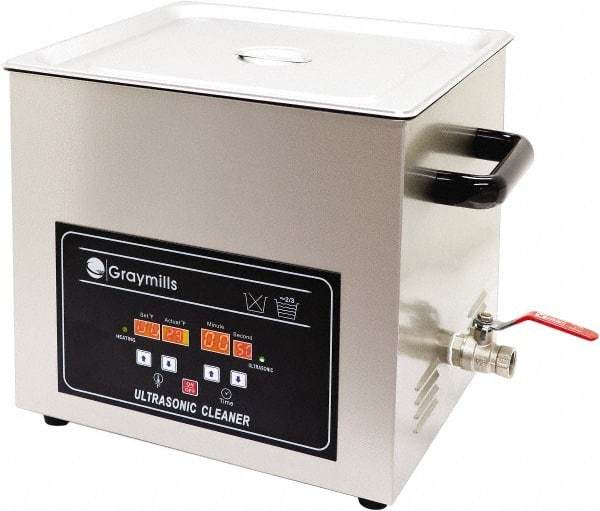 Graymills - Bench Top Water-Based Ultrasonic Cleaner - 0.8 Gal Max Operating Capacity, 304 Stainless Steel Tank, 234.95mm High x 10-1/2" Long x 6-1/2" Wide, 120 Input Volts - Industrial Tool & Supply