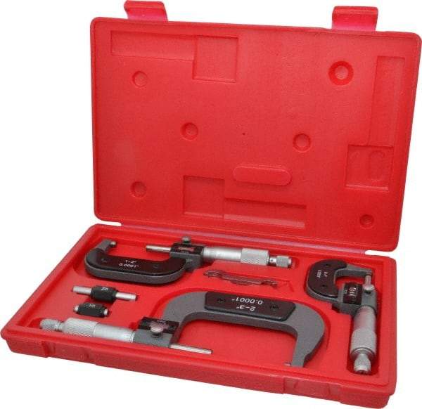 Value Collection - 0 to 3" Range, 3 Piece Mechanical Outside Micrometer Set - 0.0001" Graduation, 0.000160, 0.000200 Accuracy, Ratchet Stop Thimble - Industrial Tool & Supply