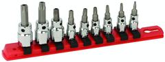 1/4" Drive: T10s; T15s; T20s; T27s; T30s and 3/8" T40s (1/4" Bit) and 3/8" T45s; T50s (5/16" Bit) on rail - Square Drive Replaceable Bit - Security Torx Bit Socket Set - Industrial Tool & Supply