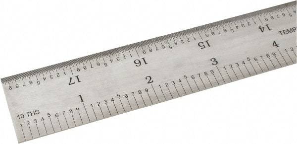 SPI - 18" Long, 1/100, 1/10" and 0.5, 1mm Graduation, Rigid Steel Rule - Decimal/Metric Graduation Style, 1-1/8" Wide, Silver, Satin Chrome Finish - Industrial Tool & Supply