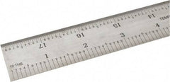 SPI - 18" Long, 1/100, 1/10" and 0.5, 1mm Graduation, Rigid Steel Rule - Decimal/Metric Graduation Style, 1-1/8" Wide, Silver, Satin Chrome Finish - Industrial Tool & Supply
