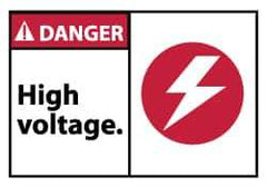NMC - Accident Prevention Label, Header: DANGER - Legend: Danger - High Voltage, English, Red, Black & White, 5" Long x 3" High, Sign Muscle Finish - Industrial Tool & Supply