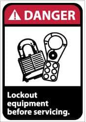 NMC - Accident Prevention Label, Header: DANGER - Legend: Danger - Lock Out Equipment Before Servicing, English, Red, Black & White, 5" Long x 3" High, Sign Muscle Finish - Industrial Tool & Supply