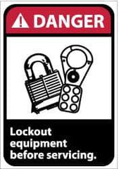 NMC - Accident Prevention Label, Header: DANGER - Legend: Danger - Lock Out Equipment Before Servicing, English, Red, Black & White, 5" Long x 3" High, Sign Muscle Finish - Industrial Tool & Supply