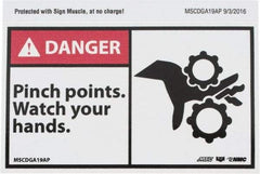NMC - Accident Prevention Label, Header: DANGER - Legend: Danger - Pinch Points - Watch Your Hands, English, Red, Black & White, 5" Long x 3" High, Sign Muscle Finish - Industrial Tool & Supply