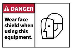 NMC - Accident Prevention Label, Header: DANGER - Legend: Danger - Wear Face Shield When Using This Equipment, English, Red, Black & White, 5" Long x 3" High, Sign Muscle Finish - Industrial Tool & Supply