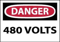 NMC - Accident Prevention Label, Header: DANGER - Legend: Danger - 480 Volts, English, Red, Black & White, 5" Long x 3" High, Sign Muscle Finish - Industrial Tool & Supply