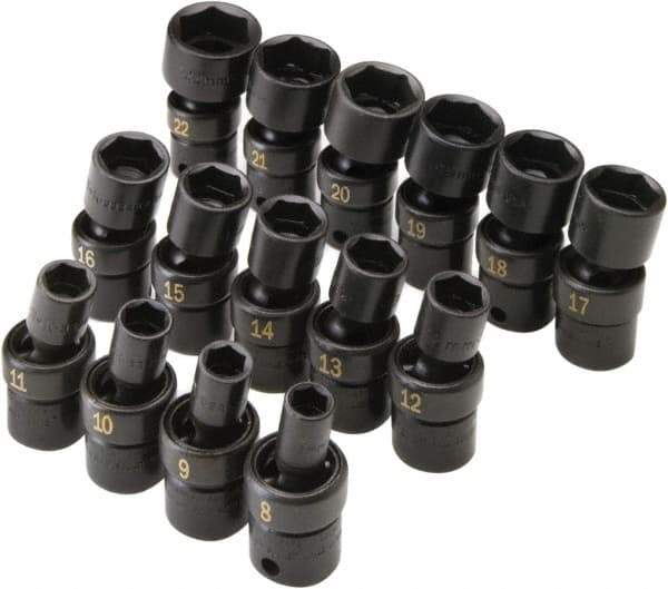 SK - 15 Piece 3/8" Drive Standard Impact Socket Set - 6 Points, 8 to 21mm, Metric Measurement Standard - Industrial Tool & Supply