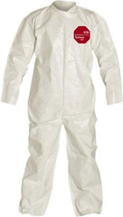 Dupont - Size L Saranex Chemical Resistant Coveralls - White, Zipper Closure, Open Cuffs, Open Ankles, Bound Seams - Industrial Tool & Supply