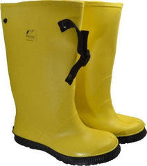Dunlop Protective Footwear - Men's 11 Rain & Cold Resistant Overboots - 17" High, Plain Toe, Self Cleaning & Cleated Sole, PVC Upper, Yellow, Adjustable Polyester Strap, Buckles & Snaps - Industrial Tool & Supply